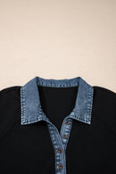 Black Plus Size Textured Contrast Denim Patchwork Button Polo Tee