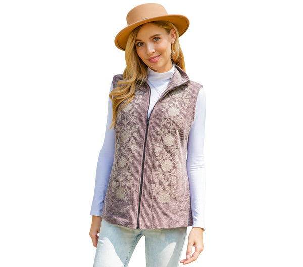 Young Threads - Womens Casual Sleeveless Embroidered Zipper Vest With Pockets