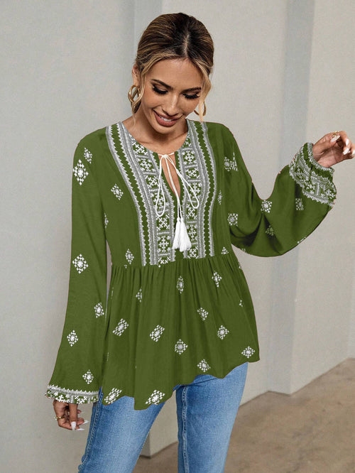 Hope & Sunshine - Boho Lantern Sleeve Tie-Neck Blouse
