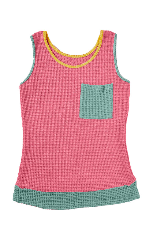 Rose Red Color Block Patched Pocket Waffle Knit Tank Top