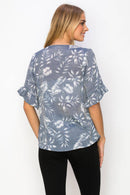 Perseption - V Neck Button Down Ruffle Short Sleeve Shirt