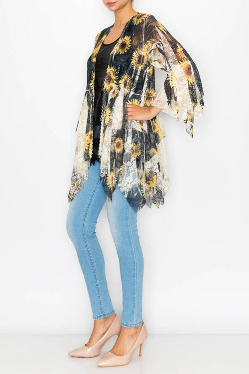 Origami Apparel ~  Lace and Crochet inspired - Classic All Lace Cardigan with Tiered Layers - 4618 BG/BK SUN FL