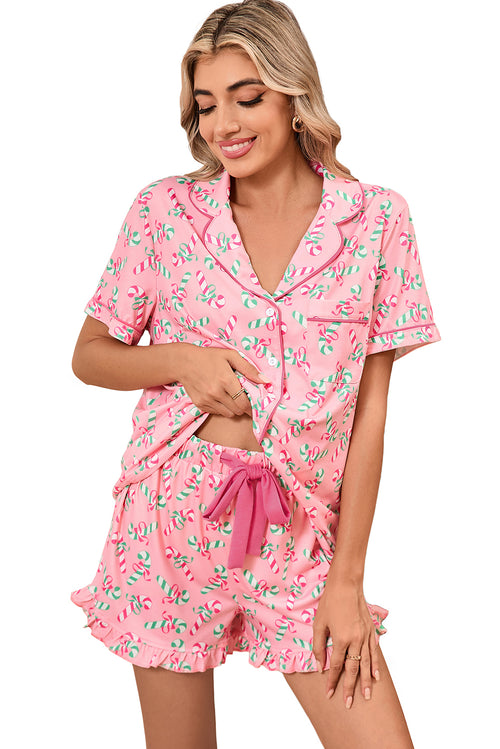 Red Christmas Candy Cane Print Pajama Set