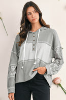 Gray Waffle Patchwork Drawstring Hooded Long Sleeve Top