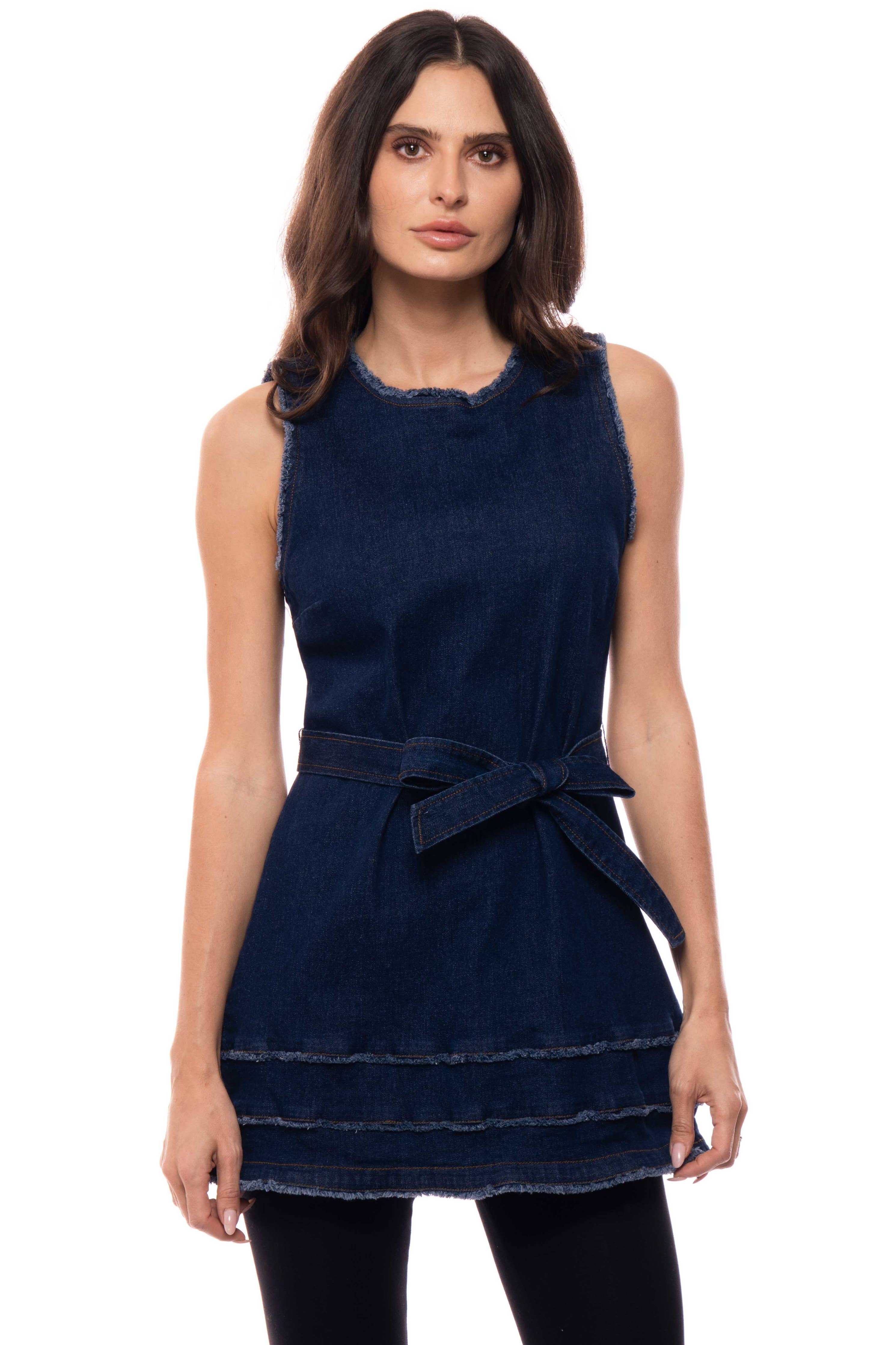 Adore - 2602 Sleeveless Denim Tunic with Tie Belt