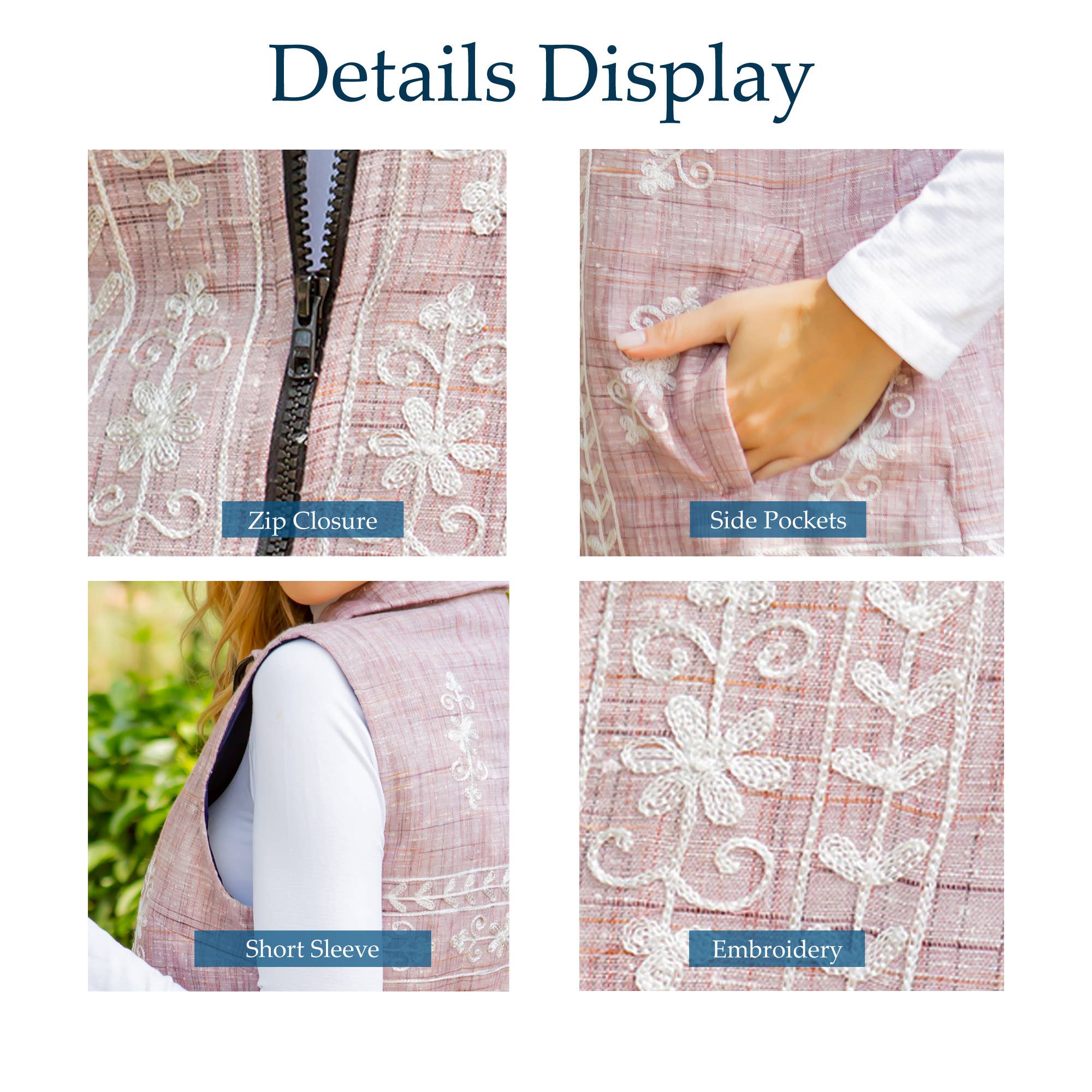 Young Threads - Women Khadi Linen Zipper Vest Embroidery With Quilted Lining