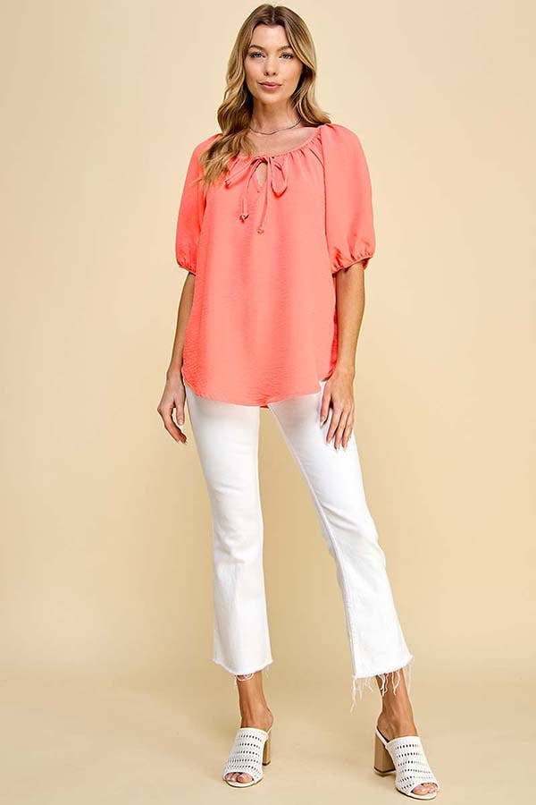 Shopin LA - ST4082D - WOMEN SOLID PUFF SHORT SLV WOVEN TOP W TIE DETAIL