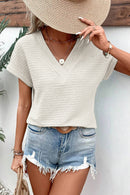 Pale Khaki Solid Color V-Neck Textured Blouse