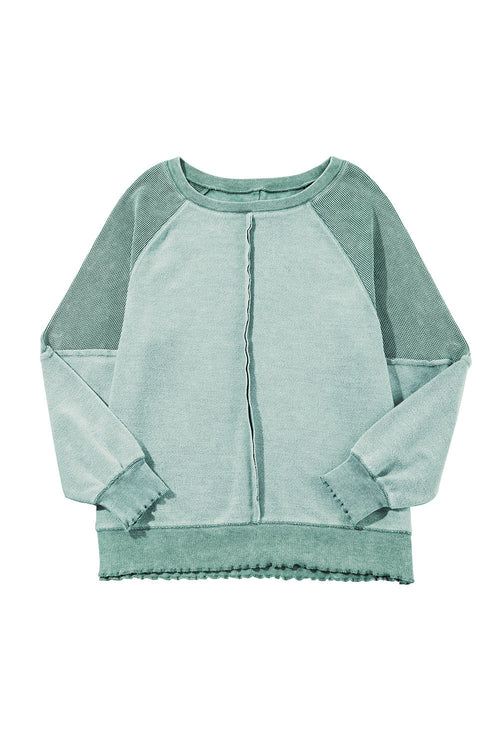 Orchid Petal Waffle Patchwork Raglan Sleeve Exposed Seam Sweatshirt