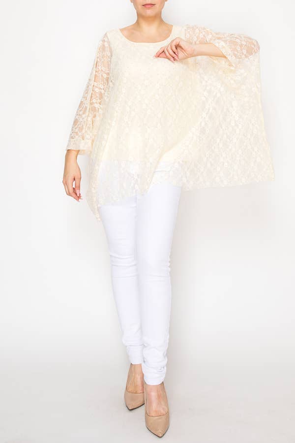 Origami Apparel ~  Lace and Crochet inspired - Subtly Glam Lace Overlay Top With Lining & Sparkles - 4853BEIGE
