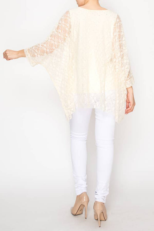 Origami Apparel ~  Lace and Crochet inspired - Subtly Glam Lace Overlay Top With Lining & Sparkles - 4853BEIGE