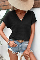Pale Khaki Solid Color V-Neck Textured Blouse