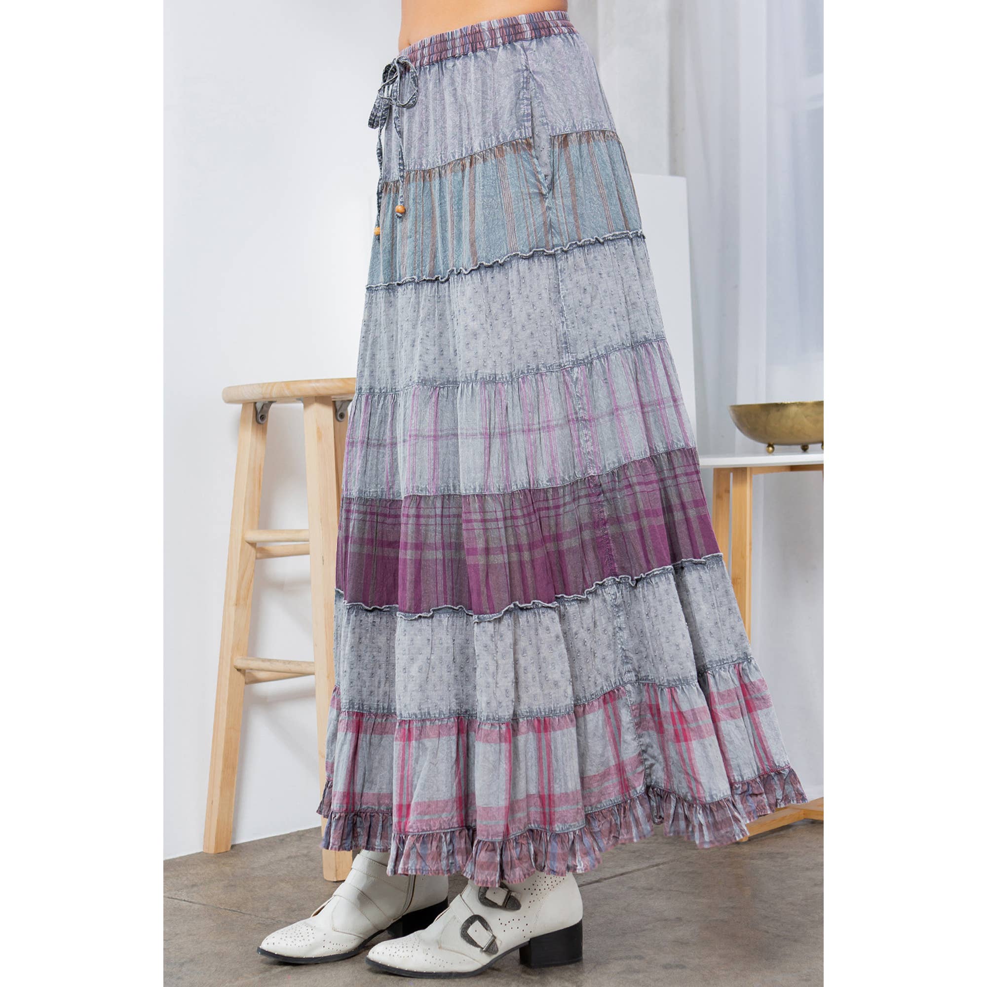 Young Threads - Vintage Vibes: Crinkled Tiered Skirt With Mixed Cotton Dobby