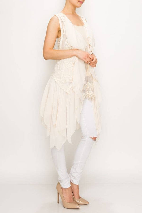 Origami Apparel ~  Lace and Crochet inspired - CHIFFON LAYERED CROCHET VEST -4384 NAT