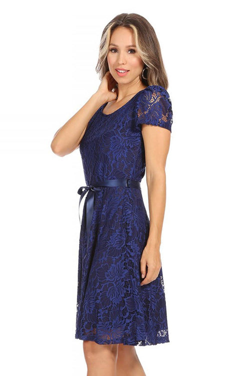 MOA COLLECTION - Women's Lace Short Sleeve A-Line Midi Dress