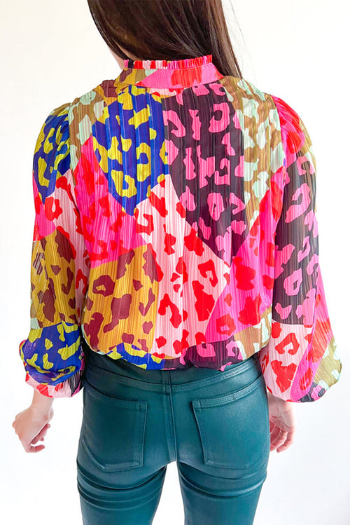 Orange Leopard Print Puff Sleeve Crinkle Blouse