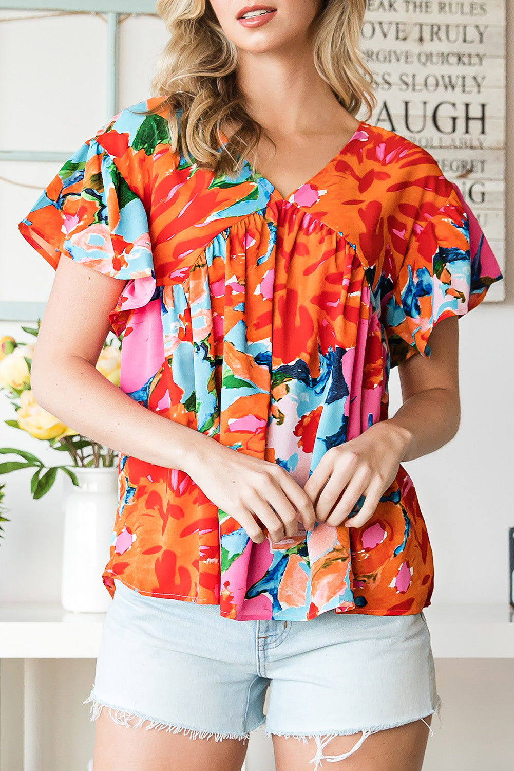 Sky Blue Boho Abstract Print V Neck Flutter Sleeve Blouse