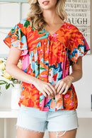 Sky Blue Boho Abstract Print V Neck Flutter Sleeve Blouse