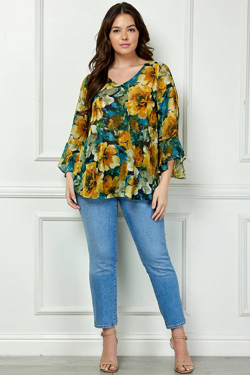 Winslow Collection - PLUS SIZE RUFFLE SLEEVE V-NECK SWING BLOUSE
