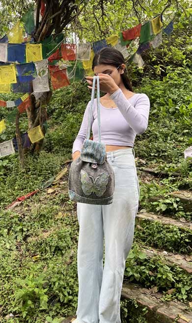 Earth Divas - Cotton Backpack With Embroidered Butterfly, Blue