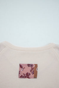 Beige Paisley Ethnic Print Waffle Patchwork Long Sleeve Loose Top