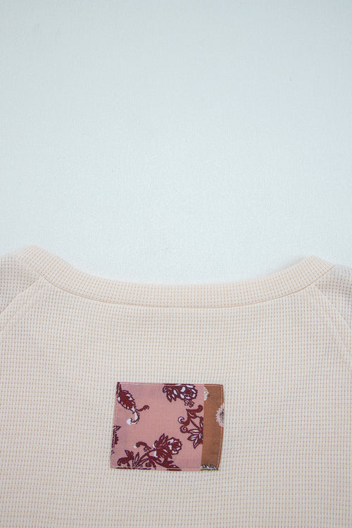 Beige Paisley Ethnic Print Waffle Patchwork Long Sleeve Loose Top