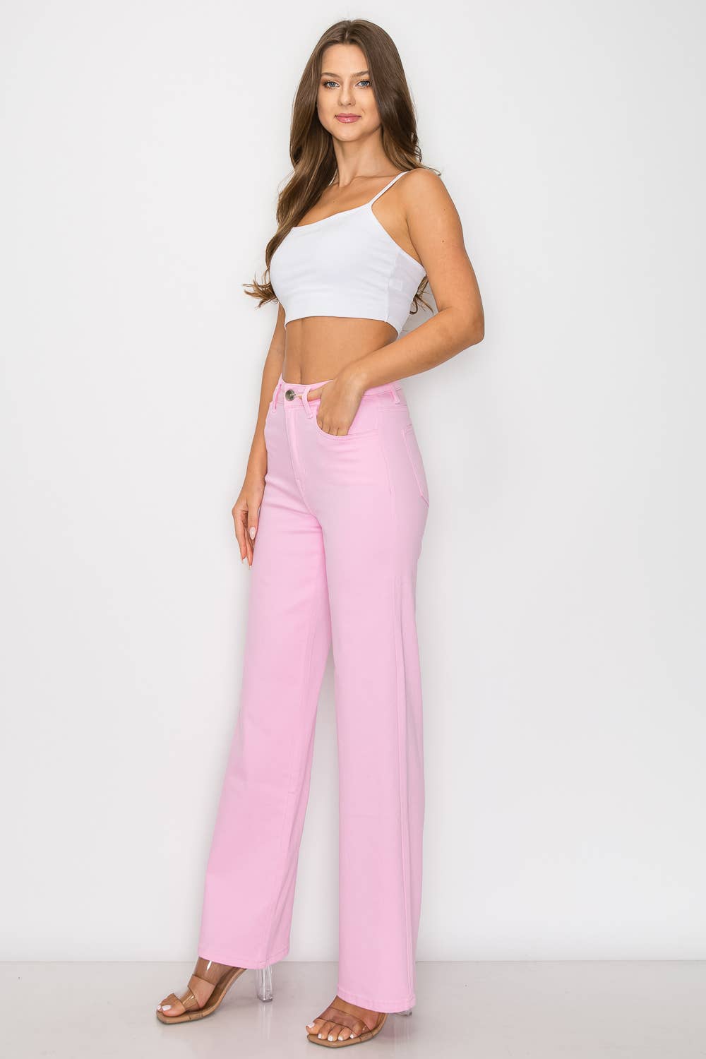 Denim Zone U.S.A. - LVB-200 LIGHT PINK HIGH WAISTED STRETCHY WIDE LEGS JEANS