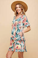 Shopin LA - .SD21025-1011 WOMEN FLORAL SHORT SLV MIDI DRESS WITH RUFFLE