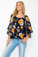 Perseption - Scoop Neck Double Ruffle Flounce Sleeve Blouse