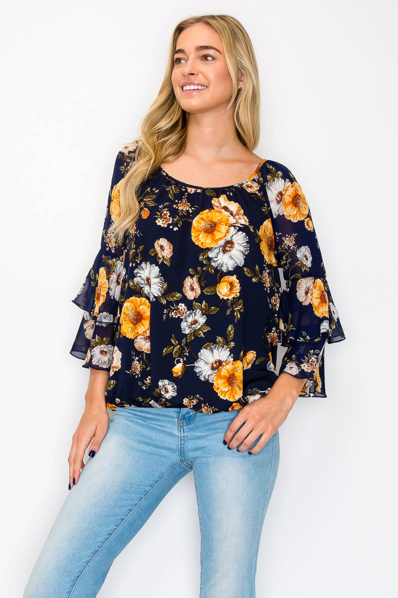 Perseption - Scoop Neck Double Ruffle Flounce Sleeve Blouse