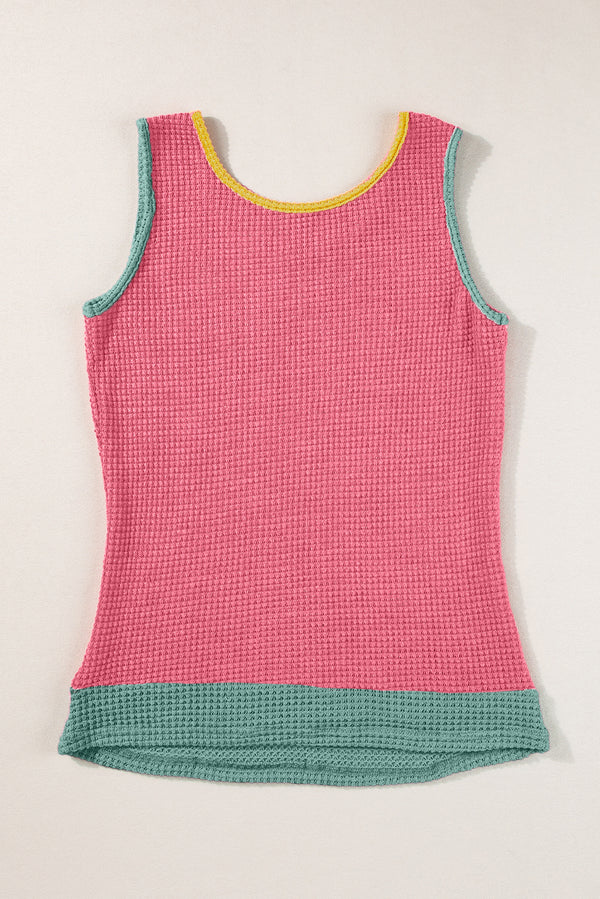 Rose Red Color Block Patched Pocket Waffle Knit Tank Top