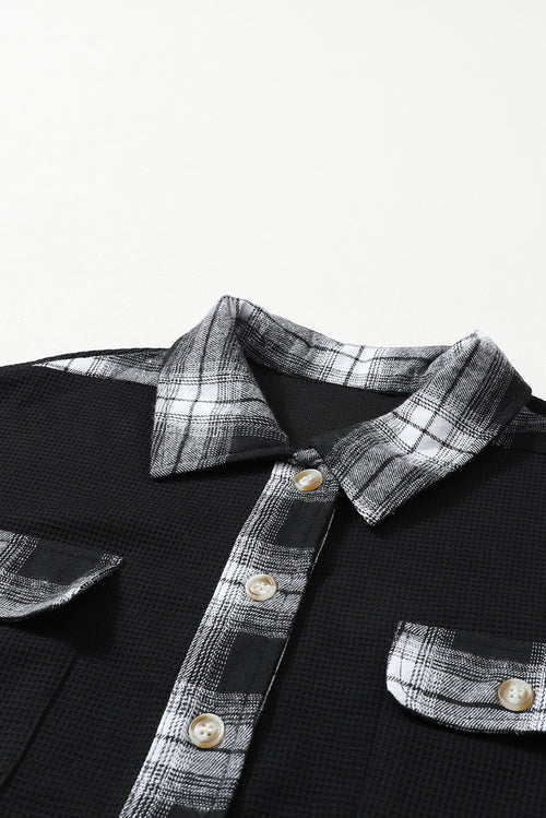 Apricot Plaid and Thermal Waffle Patchwork Shacket
