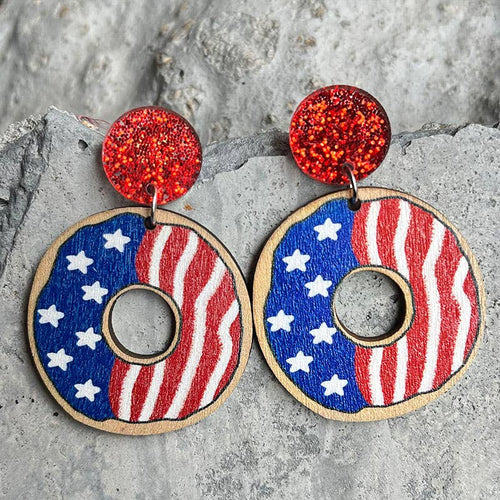 Ole - Doughnut American Flag Wooden Earrings