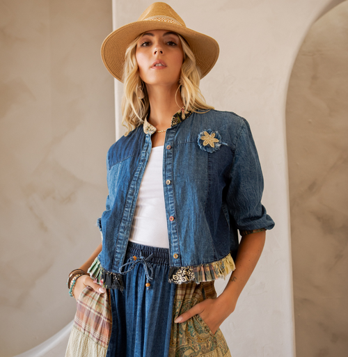 Young Threads - Western Boho Chic: Patchwork Cropped Denim Jacket