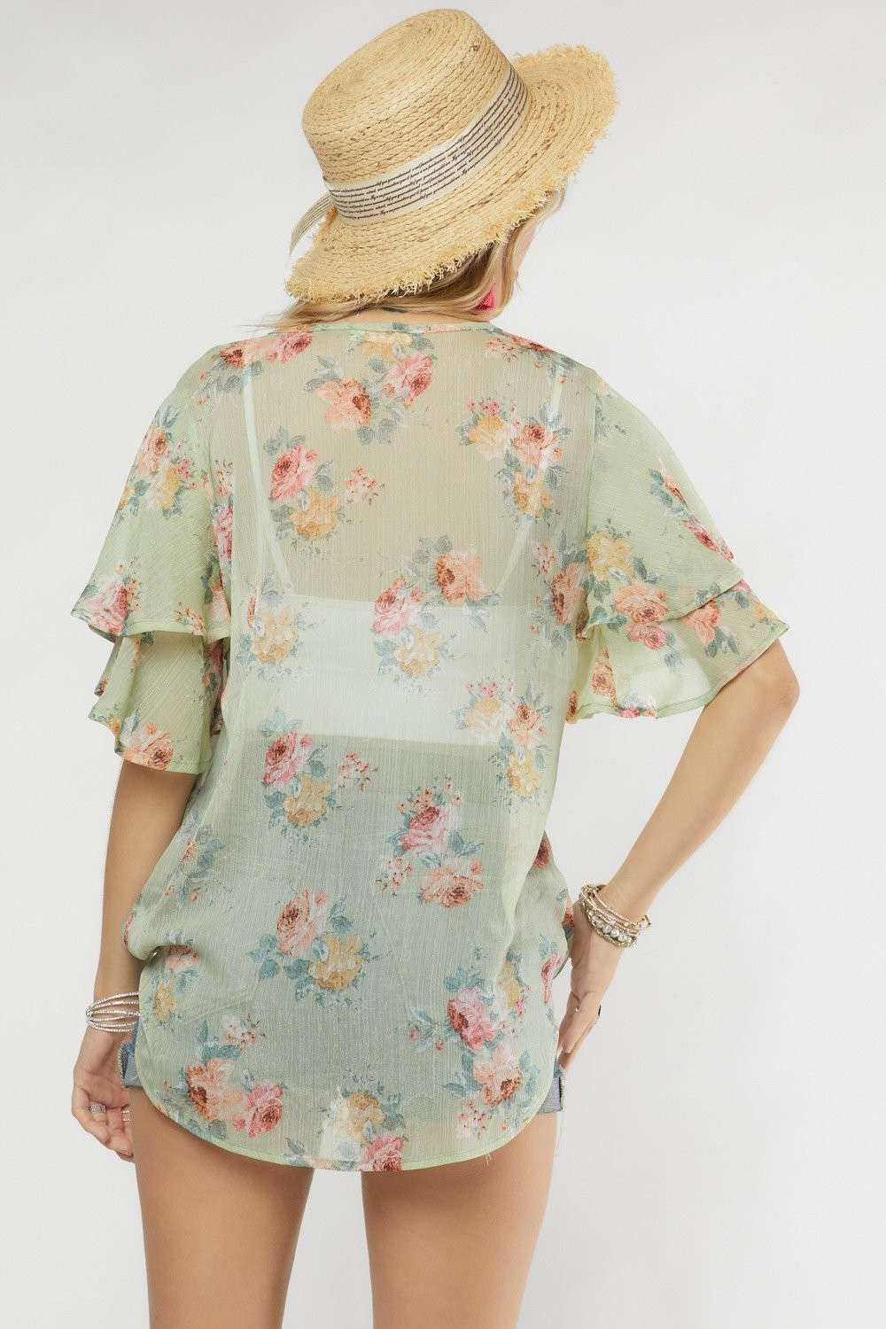 Madelyn - LYT14199A-PRINTED CROSS OVER FLARE SLEEVE TOP