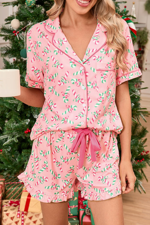 Red Christmas Candy Cane Print Pajama Set