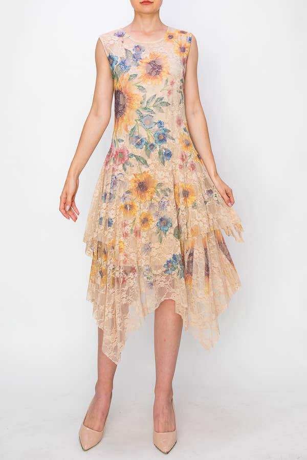 Origami Apparel ~  Lace and Crochet inspired - OLS-4609 TAUPE SUNFLOWER DRESS