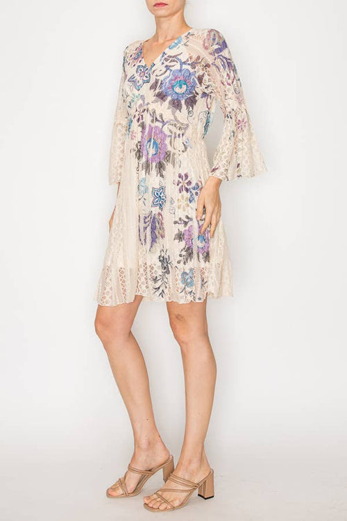 Origami Apparel ~  Lace and Crochet inspired - Dreamy Lined Short Lace Dress With Bell Sleeves -  4810BG EMBO FL