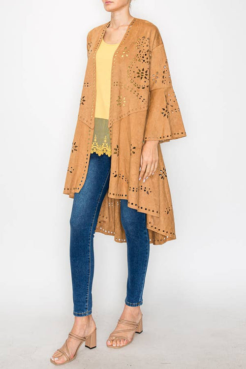 Origami Apparel ~  Faux Suede Jacket Laser Cutout Design - OLS-4762 CAMEL
