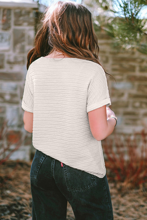 Pale Khaki Solid Color V-Neck Textured Blouse