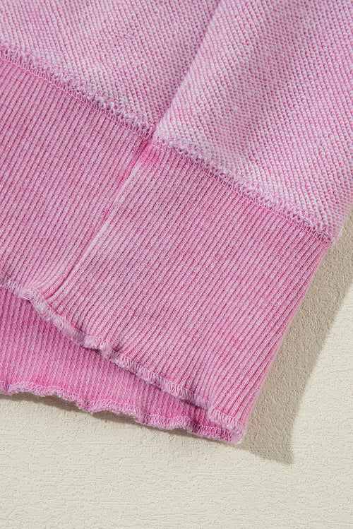 Orchid Petal Waffle Patchwork Raglan Sleeve Exposed Seam Sweatshirt