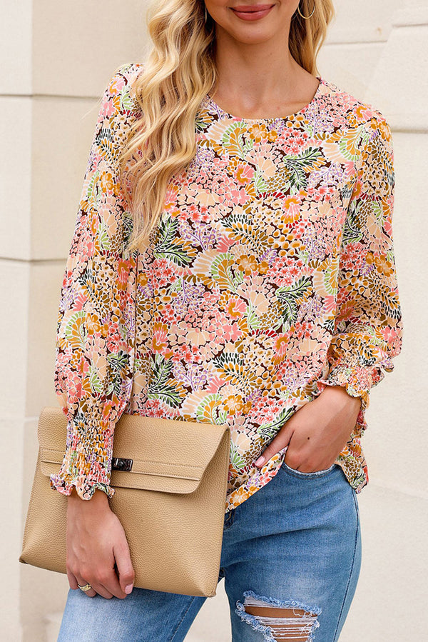 Multicolor Floral Print Smocked Cuffs Long Sleeve Blouse