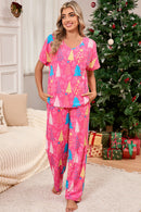 Rose Christmas Tree Print V Neck Tee and Pants Lounge Set