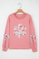 Peach Blossom Flower Applique Patchwork Drop Sleeve Pullover Sweatshirt