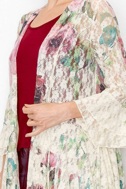Origami Apparel ~  Lace and Crochet inspired - Boho Inspired Lace Duster With Bell Sleeves - U052 BIG ROSE