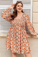 Beige Plus Size Floral Print V Neck Long Sleeve Babydoll Short Dress