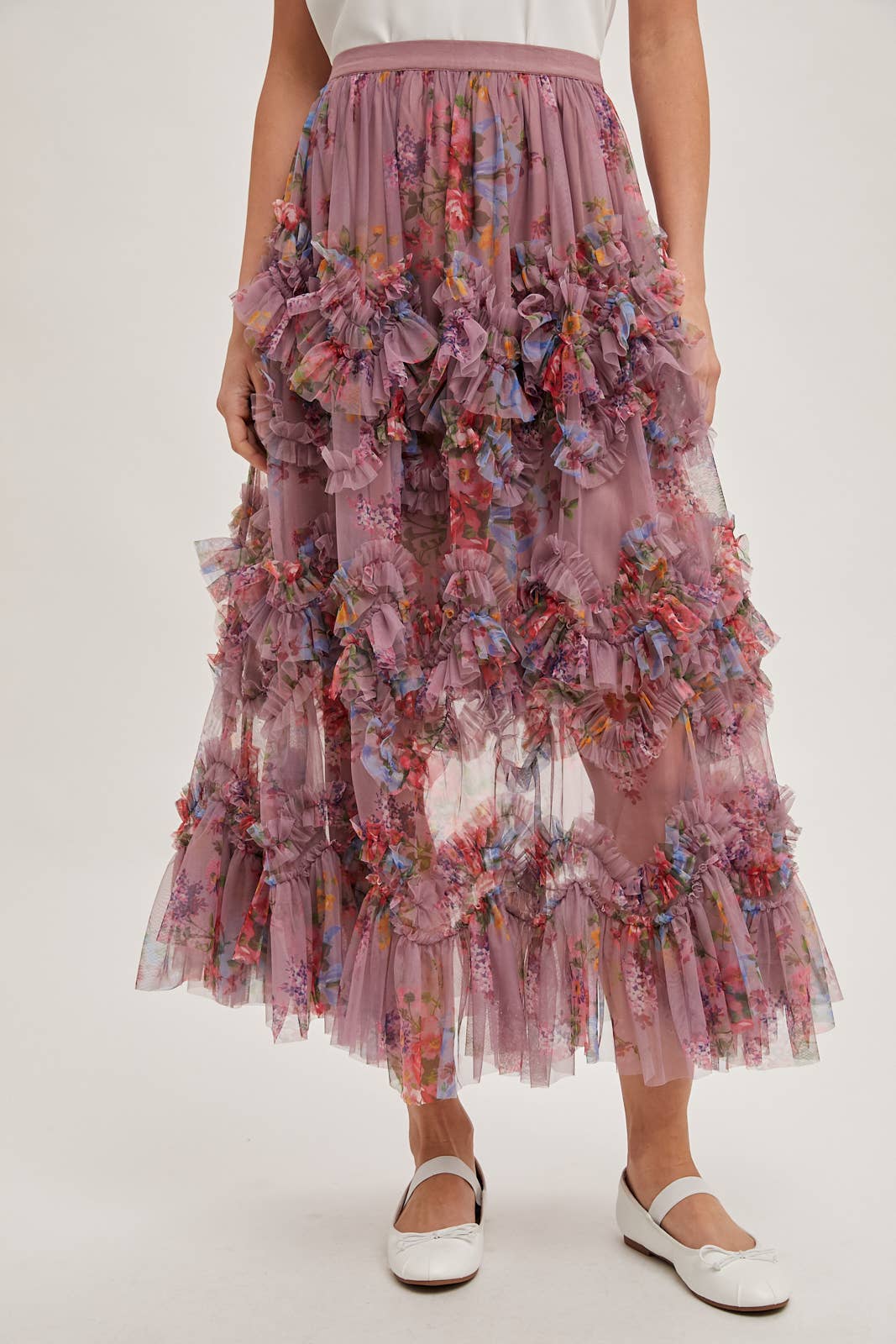 Bluivy - FLORAL RUFFLED MESH MIDI SKIRT