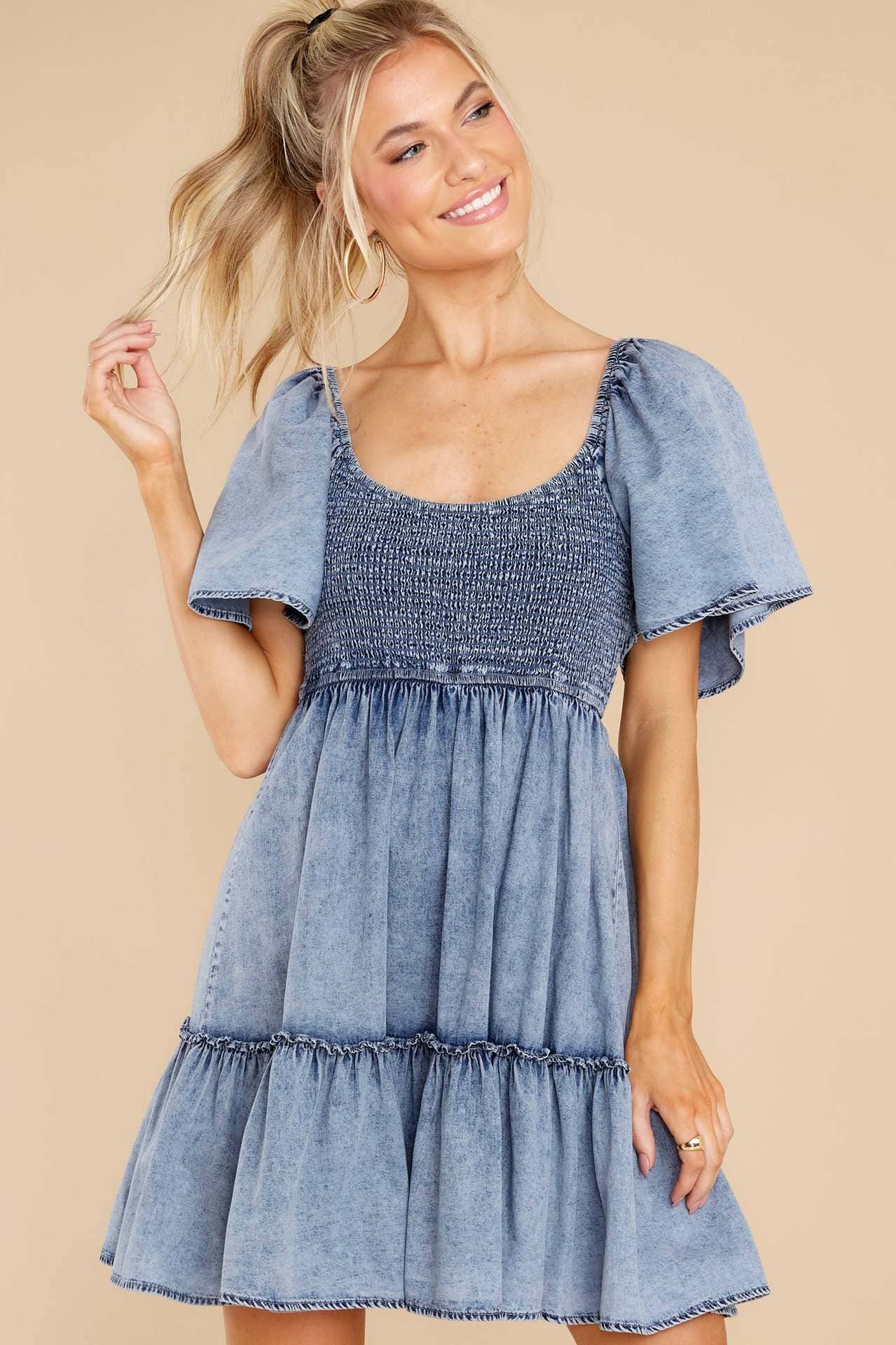 denim short sleeve tunic dress Women's Denim Shirt Dress Short Sleeve Ripped Denim Dress Button-Up Casual Tunic Top Blue at Amazon Women's Clothing store