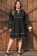 Black Plus Size Long Sleeve Leopard Contrasted Trim Tie Neck Flared Mini Dress