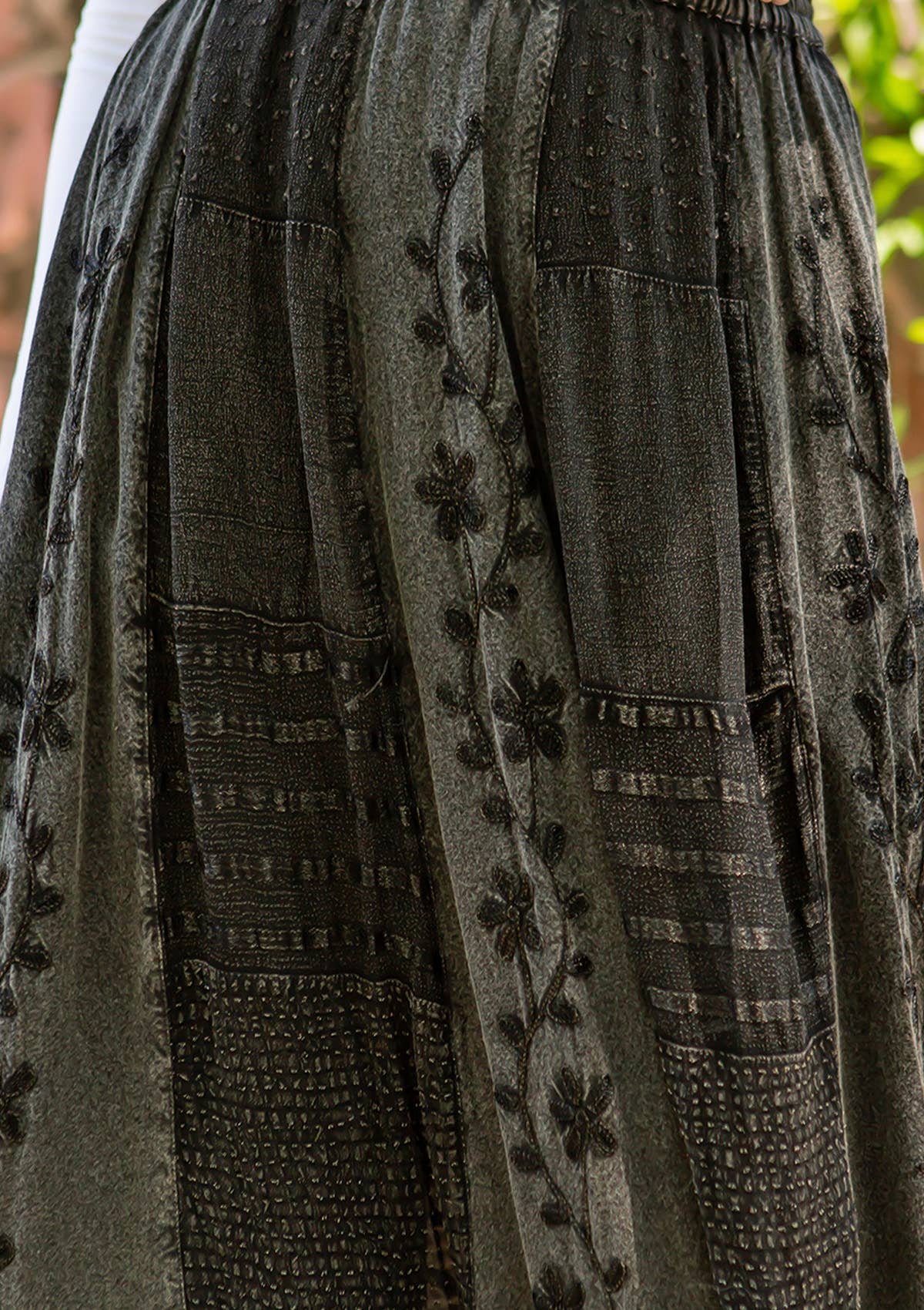 Young Threads - Women Patchwork Embroidered Maxi Skirt With Side Pockets: CHARCOAL TRIM / REGULAR (S-M-L-XL 1-2-2-1)